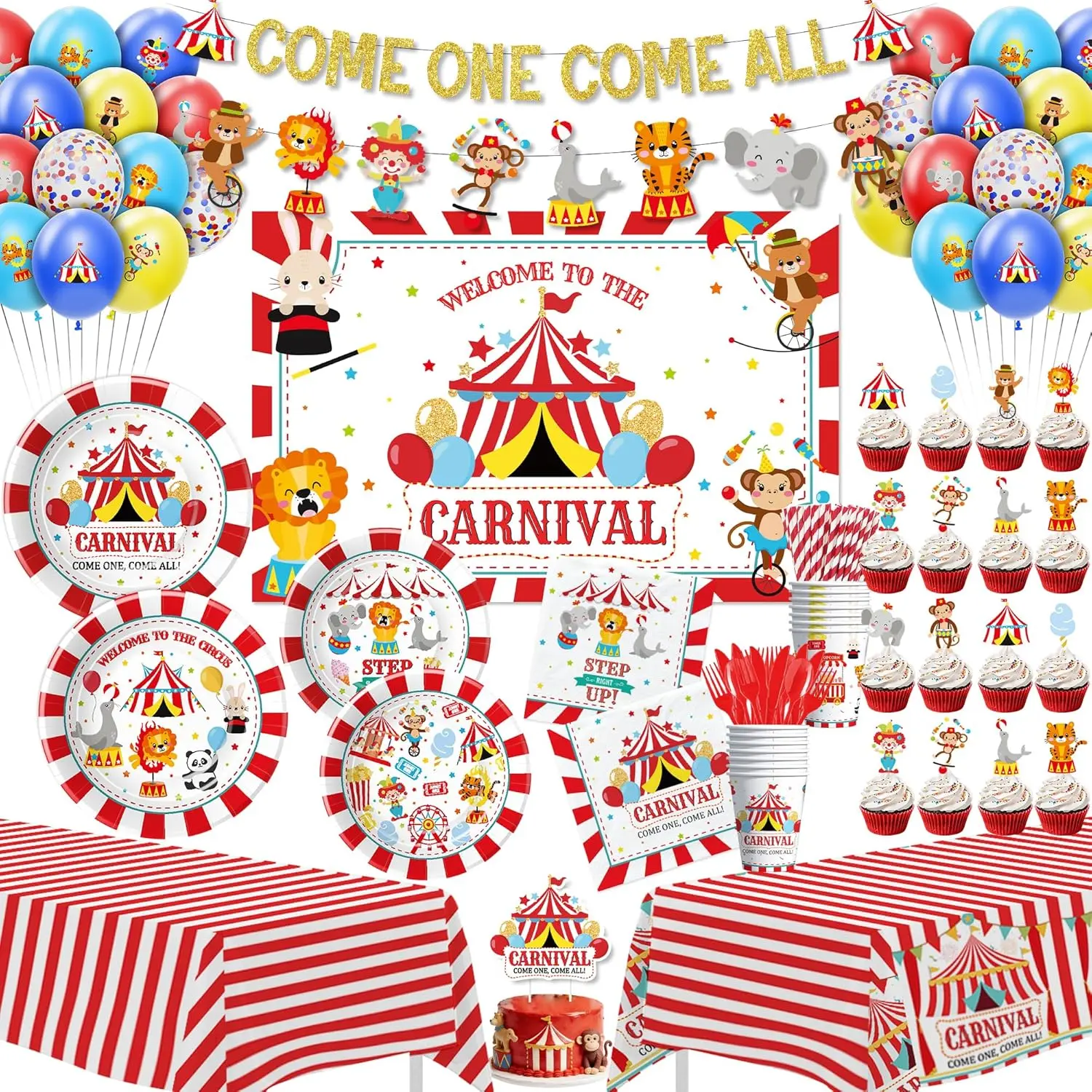 Circus Carnival Theme Party Decorations, Carnival Circus Theme Party Supplies for Kids Birthday Baby Shower, Paper Plate, Napkin, Cup, Banner, Backdrop, Ta
