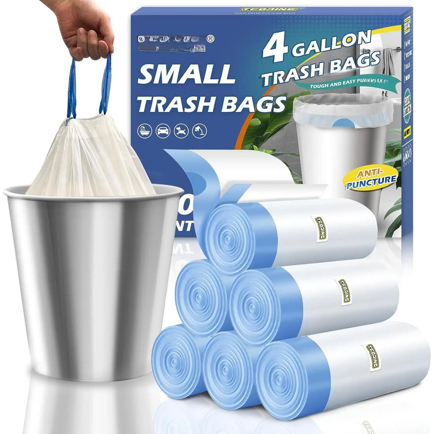 Small Trash Bags 4 Gallon with Drawstring, 1.1 Mil 15 Liter White Thick Unscented Small Plastic Garbage Bags for Bathroom, Wastebasket Liners for Toilet  Office and Bedroom (4 Gal-120)