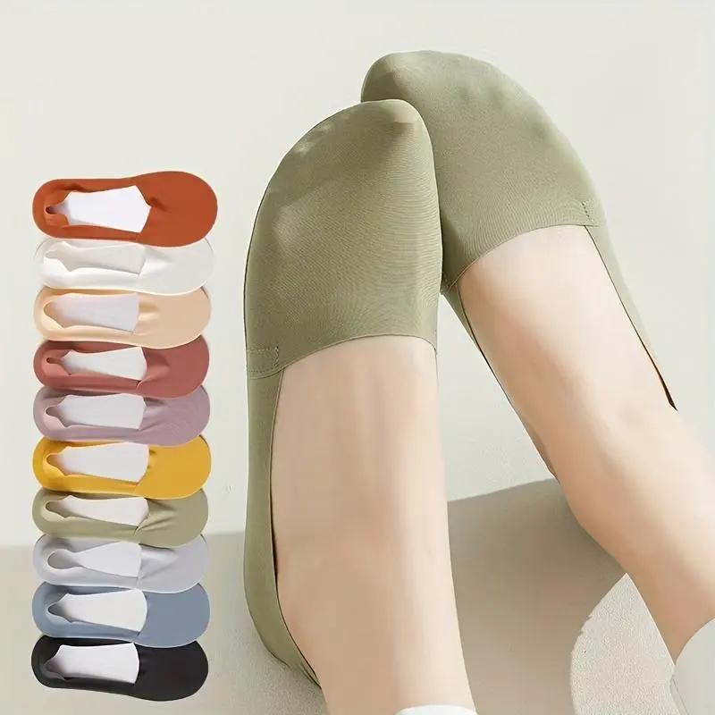 Women's 10-Pair Pack Basic Ice Silk Boat Socks, Thin Solid-Color Low-Cut Fit, Seamless Comfortable Fabric, Non-Slip, Lady, Breathable, Cotton, Soft, No Show Socks, Invisible On Skin