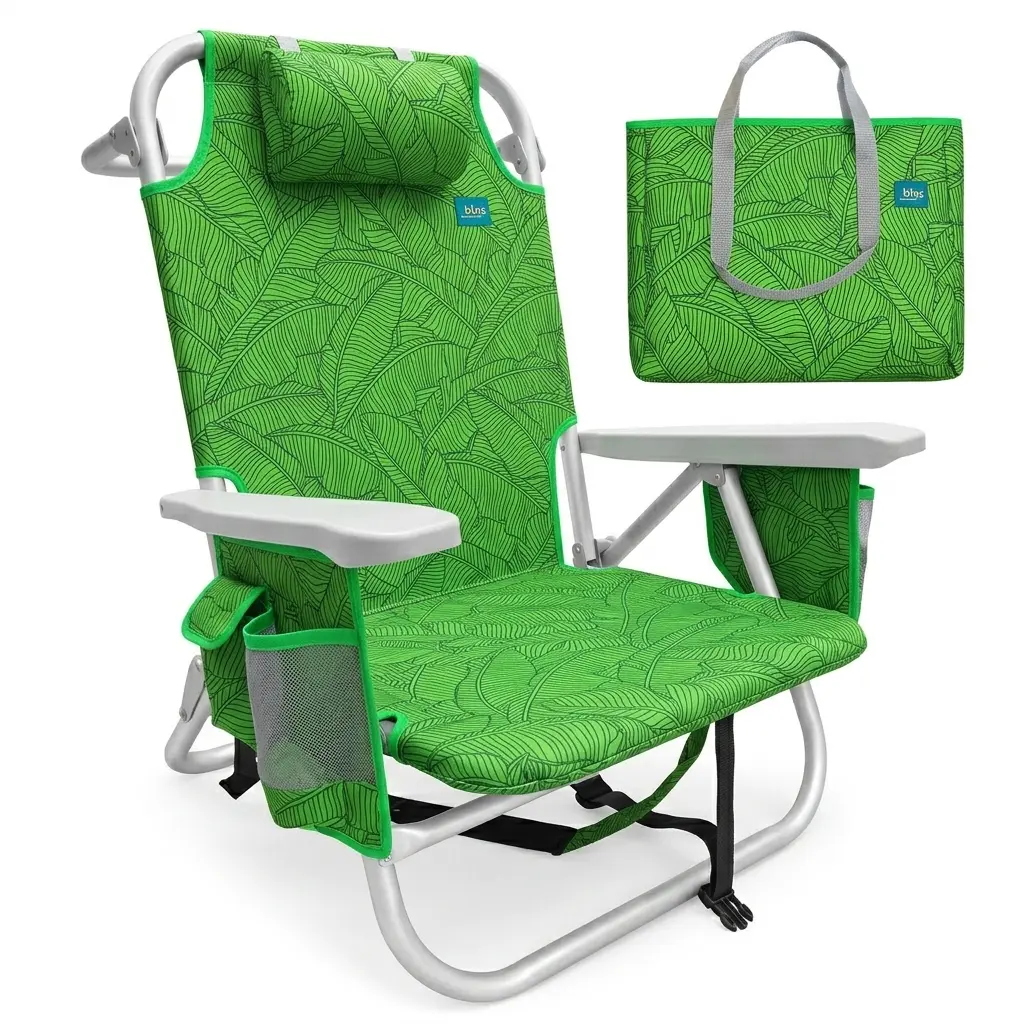 Bliss Hammocks Folding Beach Chair Recliner w/ Detachable Cooler, Banana Leaves