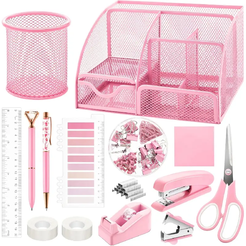 11 Pieces Pink Aesthetic Mesh Office Supplies Kit, Complete Desk Organizer Accessories Set Includes Stapler, Tape Dispenser, Staple Remover, Paper Clips, Ruler, Scissors & Sticky Notes, Cute Desk Decor Gift for Women Girls, Perfect for School Home Workpla