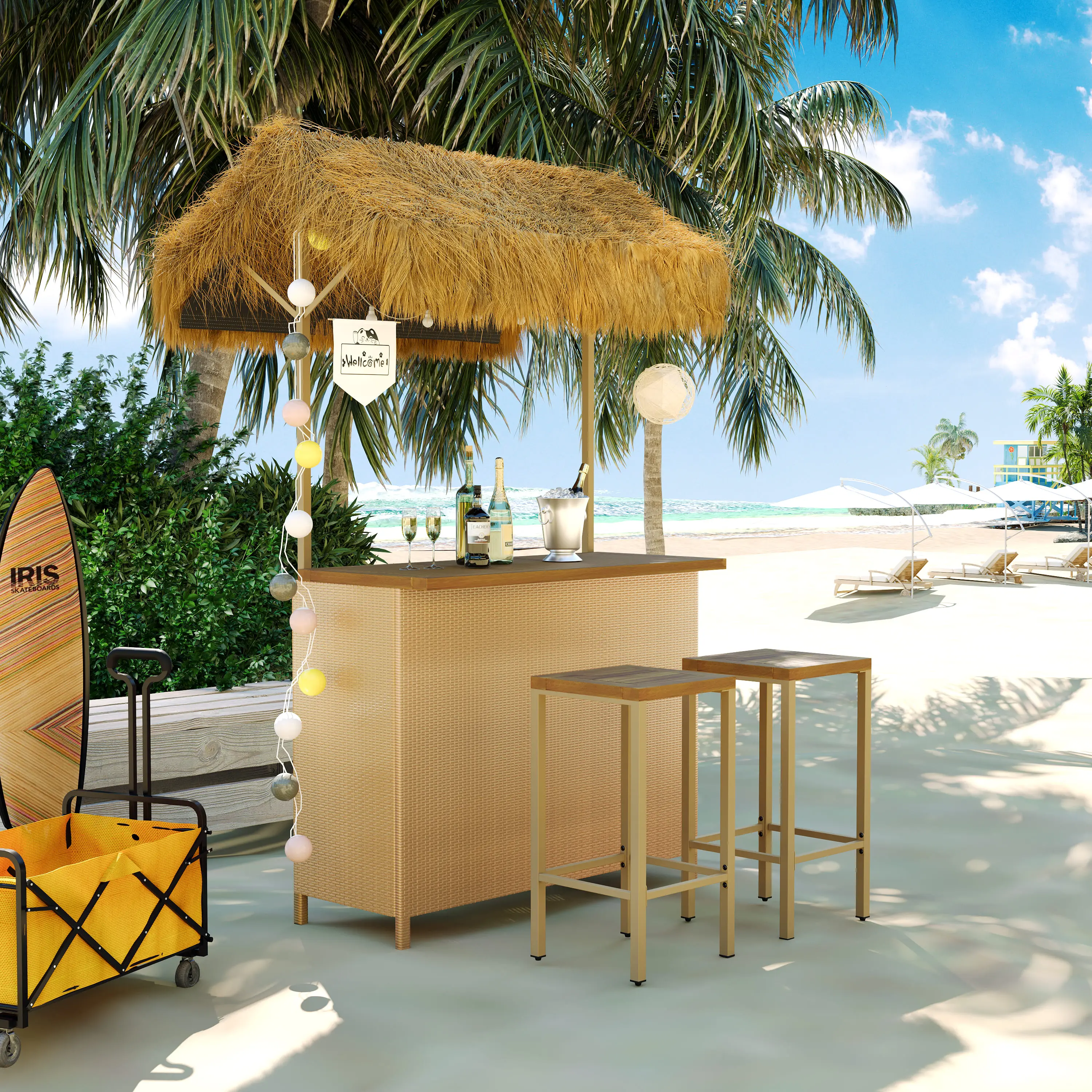 Eyisean 51.9" Acacia Wood Outdoor Tiki Bar Set, Weatherproof Height Patio Bar Table Stools with Adjustable Feet & Storage Shelves, Hawaiian-Style Table with PE Grass Canopy for Drinking, Garden