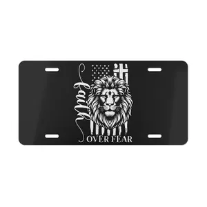 Faith Over Fear Lion Aluminum License Plate, Custom License Plate, Personalized Vanity Tag, Blank Aluminum Plate, 12×6 License Plate, US Standard Car Plate, Front License Plate 4 Pre-Drilled Holes