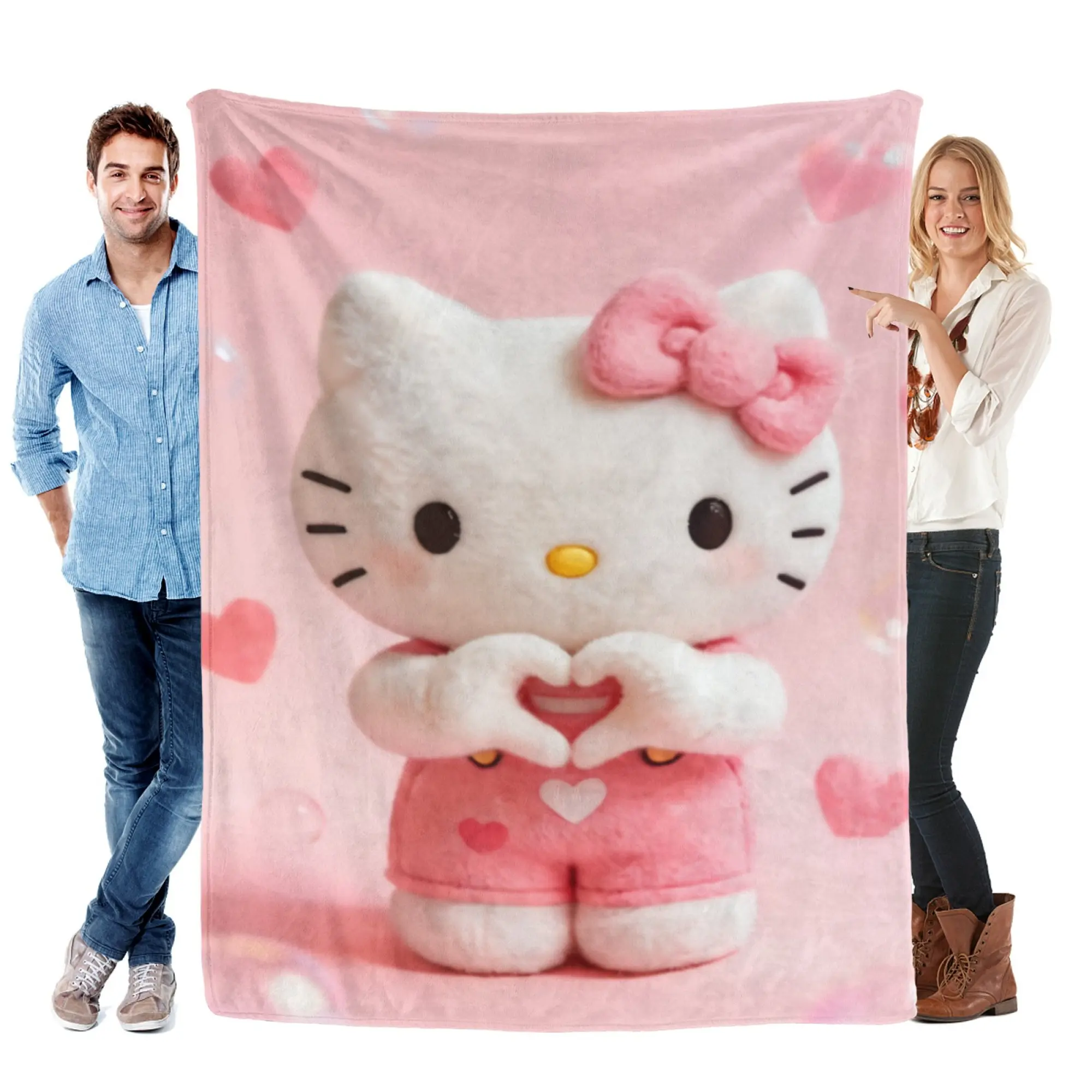 Sanrio Hello Kitty 2D Graphic Fleece Blanket - Sweet Pink Heart Decor for Bedroom & Bedding