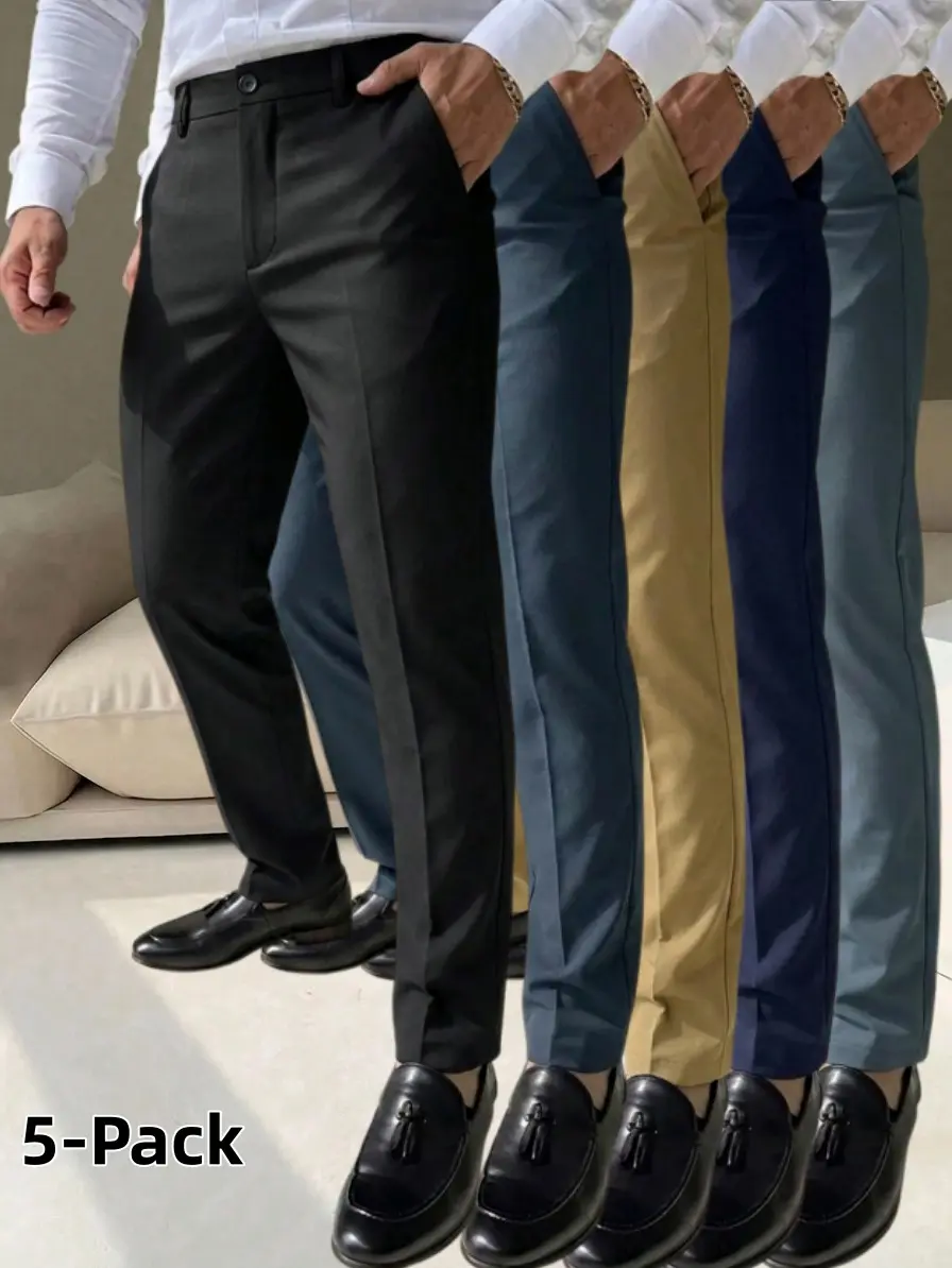 5-Pack Men's Slim Fit Business Dress Pants, Stretch Wrinkle Resistant Tapered Suit Trousers, Formal Casual Flat Front Chino Pants For Office Work Daily Smart Casual Outfits