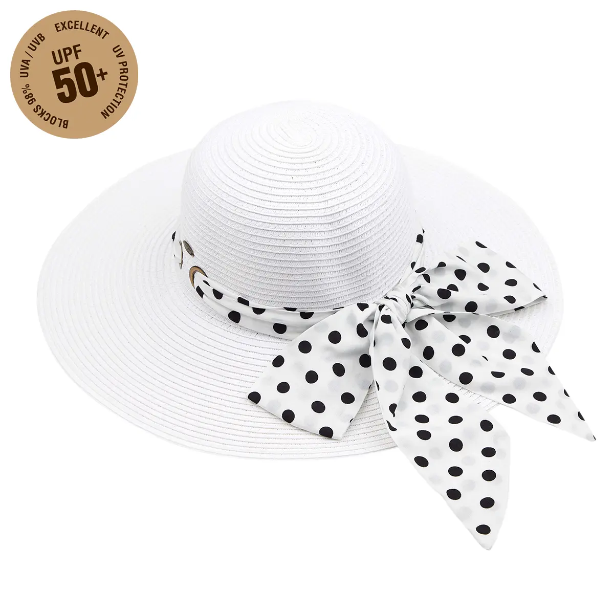C.C Polka Dots Print Pull-Through Sash Scarf Straw Sunhat with Two Side Eyelets for Women hat