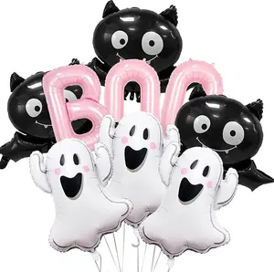 9Pcs Halloween Balloons Decorations Halloween Pink BOO Foil Balloons Ghost Bat Balloons for Halloween Birthday Baby Shower Party Supplies
