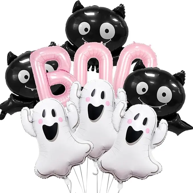 9Pcs Halloween Balloons Decorations Halloween Pink BOO Foil Balloons Ghost Bat Balloons for Halloween Birthday Baby Shower Party Supplies