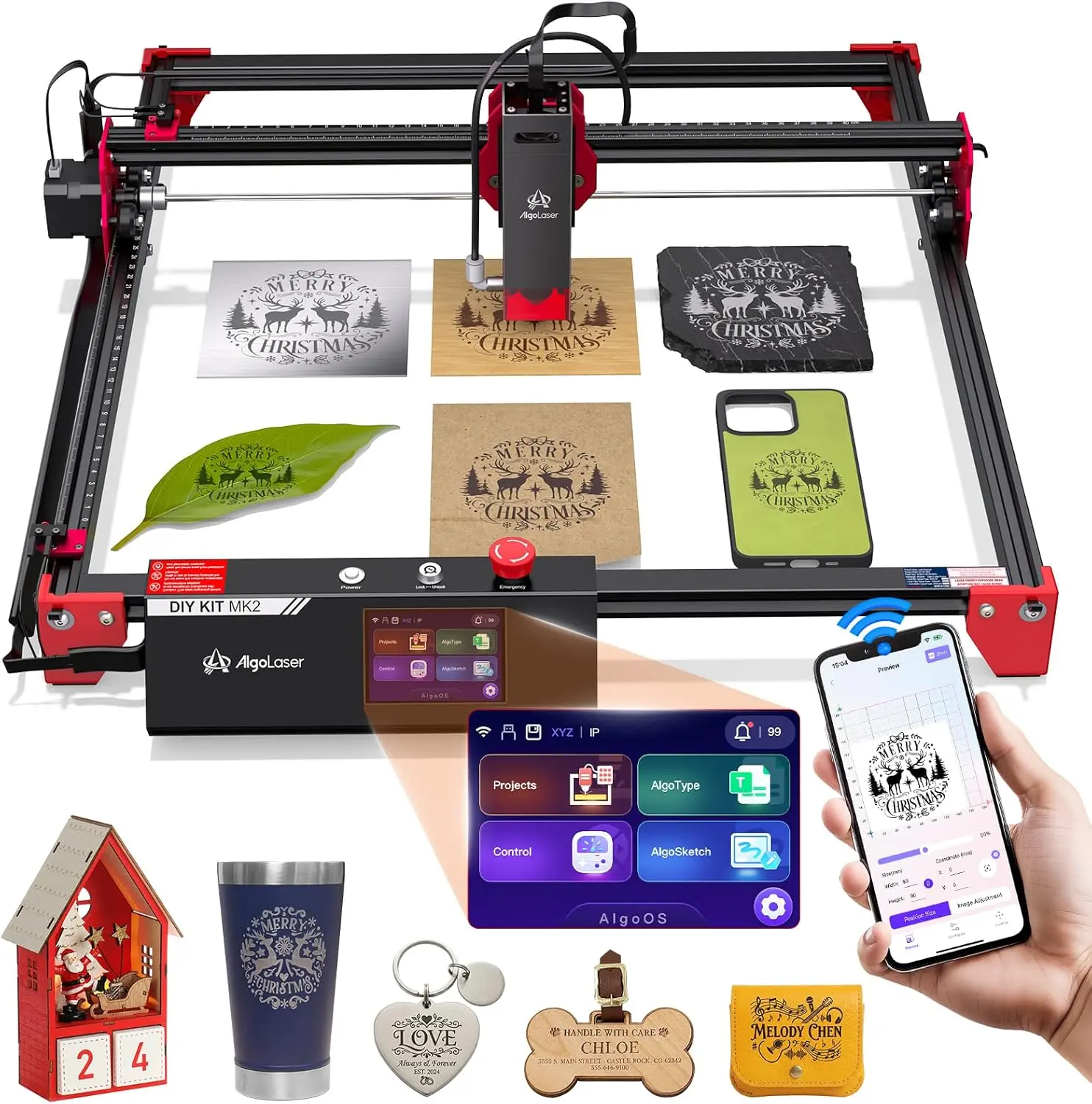 AlgoLaser DIY KIT MK2 Laser Engraver 5W, Easy Assembly Beginner-friendly With 3.5" Touch Screen,12,000mm/min Speed, 0.05mm Accyracy, 15.7" x 17.1"Working Area for Wood, Glass,Stainless steel & Leather,Ideal for DIY Festive Decor Maker &Small business