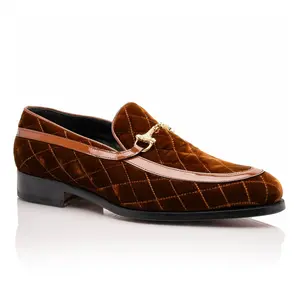 Mauri Allure in Cognac Mens Quilted Velvet / Patent Leather Slip-on Horsebit Loafers