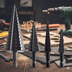 Professional High-Speed Steel Step Drill Bit Set: 4-32mm Hole Sizes, Nitride Coated, for Metal, Wood, & Plastic. Industrial-Grade High-Temp & Anti-Slip Flute Design, Perfect for Auto Repair, Construction, HVAC & DIY Projects on Steel, Aluminum, Alloys.