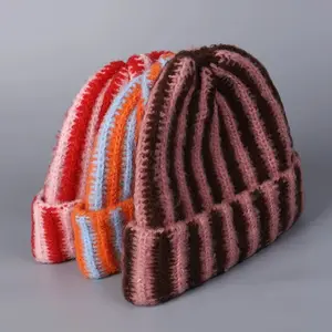 Korea Autumn and Winter New Korean Feather Yarn Striped Wool Beanie Cap Women Showing Face Small Cold Knitted Cold Hat Men