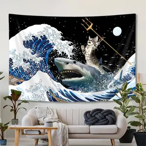 60in x 40in  home decor banner SAOLUIS Funny Cat Tapestry, Cute Cat Riding Shark Wall Tapestry Ocean Wave Tapestries, Japanese Wave Wall Art for Bedroom Dorm Living Room Home Decor 60X40 Inch funny hanging poster fan bedroom living room gift