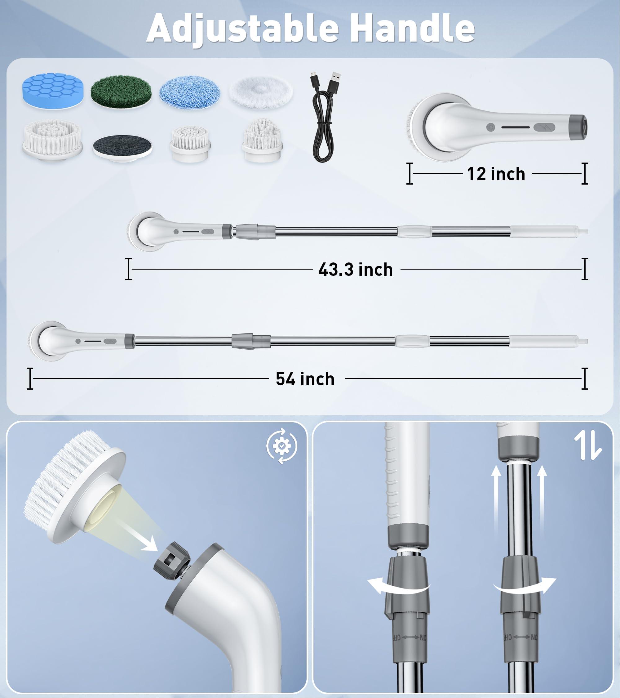（Limited Time ) Upgraded Cordless Electric Spin Scrubber Bathroom Cleaning Set with 8 Replaceable Brush Heads, 3-Level Adjustable Extension Handle, Dual Speed and IPX7 Waterproof, Ideal for Bathroom, Kitchen, Toilet, Window, Pool and Car Cleaning