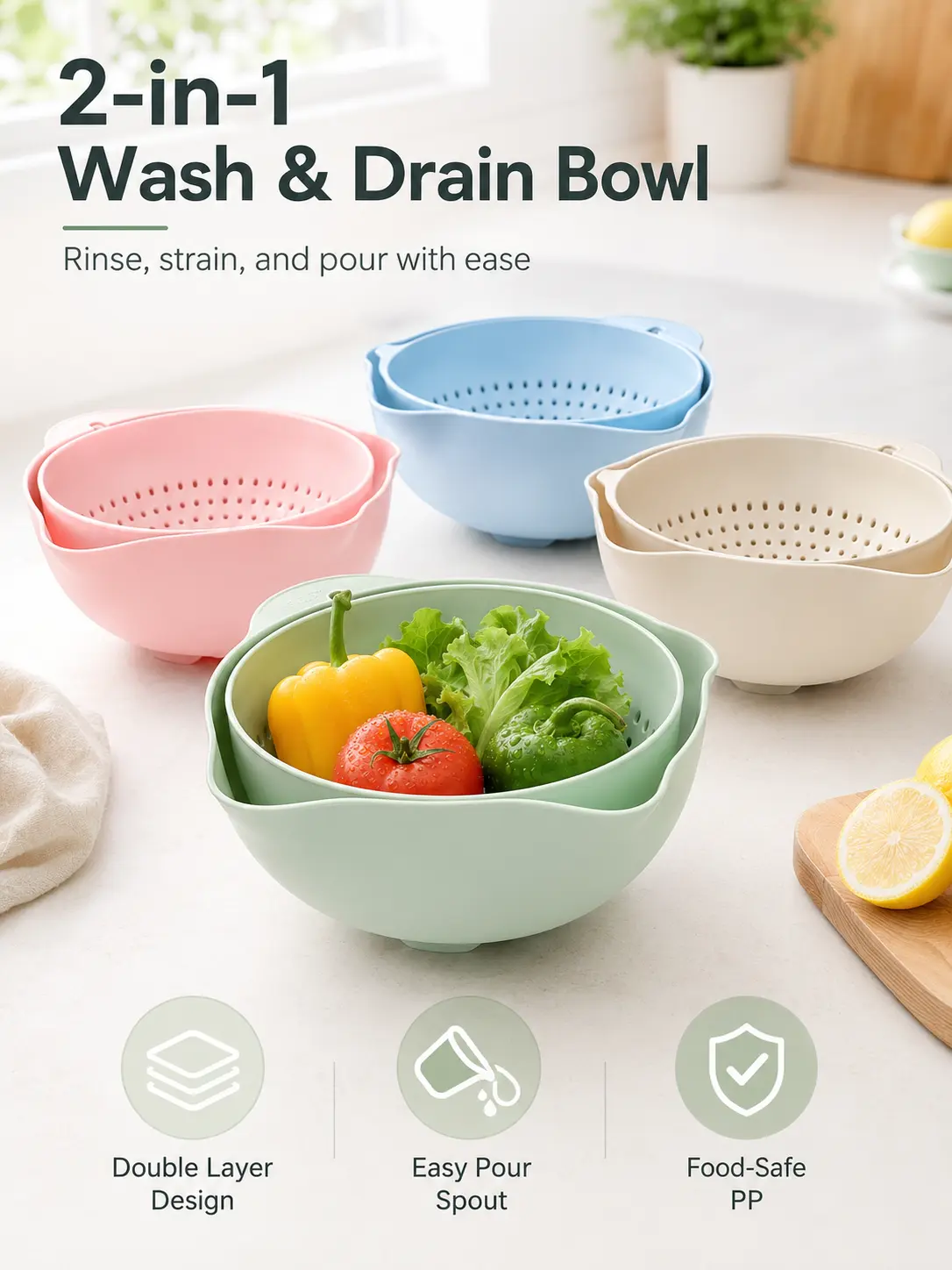 2-Tier Wash & Drain Bowl | All-in-One Fruit & Vegetable Washing Colander, Kitchen Drain Basket with Wide Pour Spout, Fast Draining, Easy to Use, Multipurpose Bowl for Washing Produce and Daily Kitchen Prep