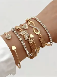 6pcs Luxury Fashion Minimalist Rhinestone Butterfly, Heart, Infinity Symbol Multi-Layer Stackable Bangle Bracelet Set, Elegant Accessories For Women