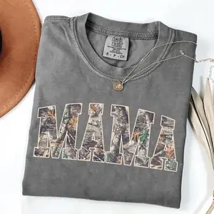 Comfort Colors Hunting Mama T-shirt – Mama Shirt, Mother’s Day Gift, Camouflage Varsity Mama Tee, Retro Mom Shirt