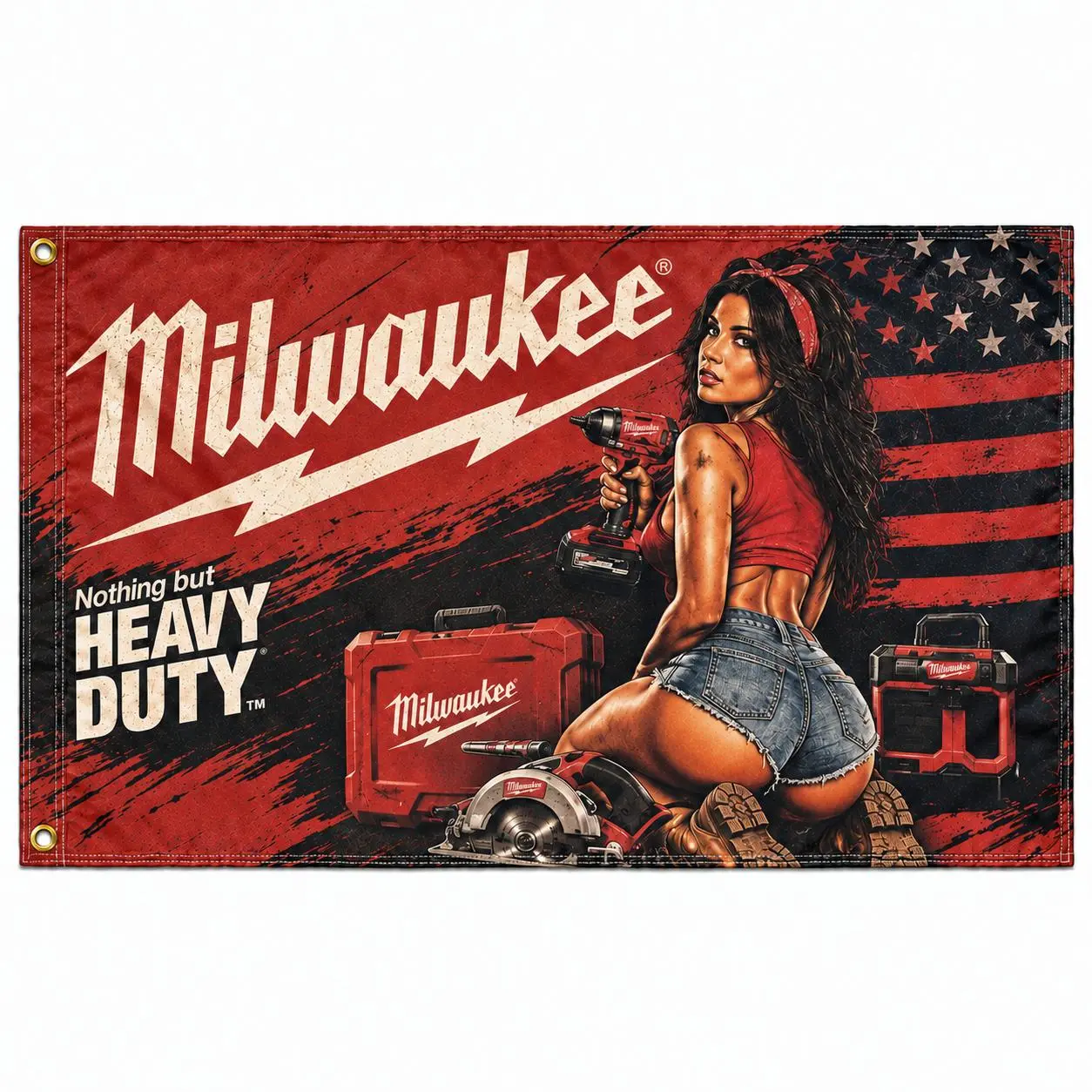 Milwaukee Power Tool Flag 3x5 Ft, Heavy Duty Garage Workshop Banner, Vintage Red Black Mechanic Man Cave Wall Decor, Contractor DIY Tool Lover Gift for Men