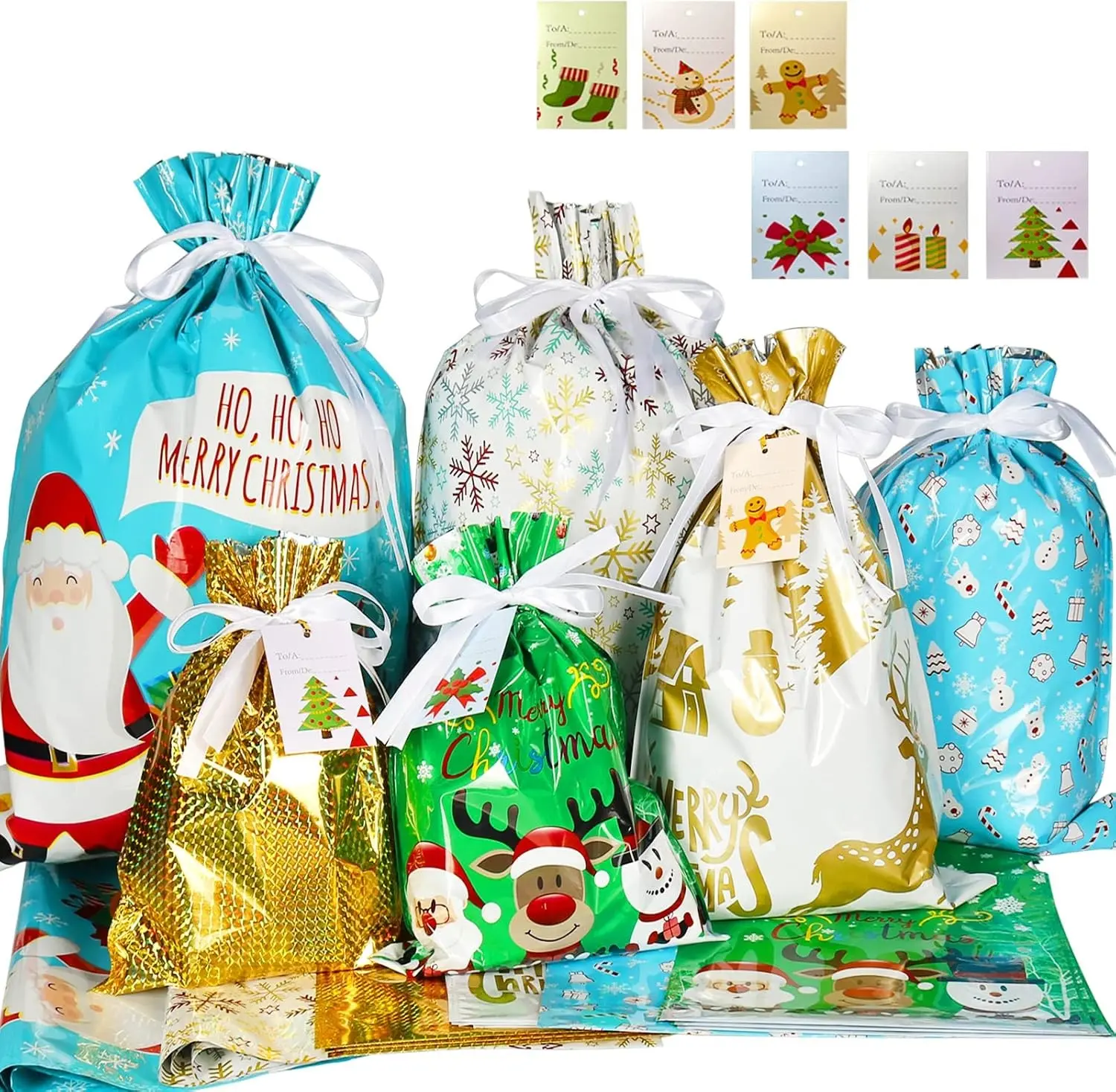25pcs Christmas Gift Bags with Tags, Drawstring Gift Bags, Reusable Christmas Wrapping Bags, Large & Medium Goody Bags, Bulk Holiday Gift Bags for Xmas Presents, Party Favors, Kids Gifts, Santa & Snowflake Set
