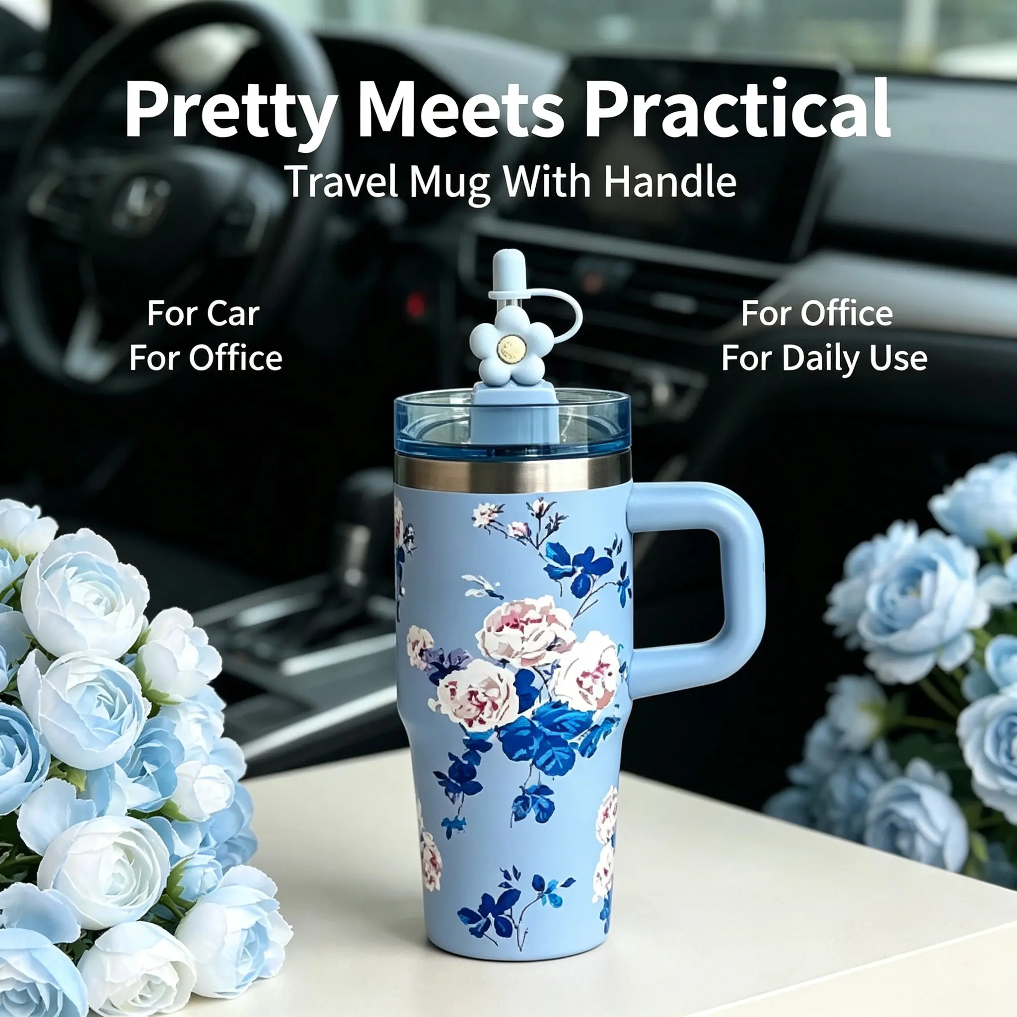 14oz Car Cup 304 Stainless Steel Insulated Travel Tumbler with Handle Straw Lid & Cold Retention for Vehicle, Office, Gifts