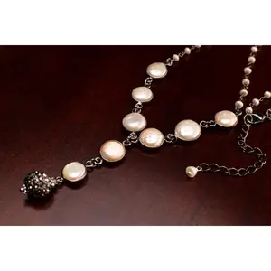 Natural Freshwater Coin Pearl Oxidized silver Bezel Chain, Accent with Marcasite Ball in Lariat Choker Wire Wrap Pearl Chain, Y Necklace