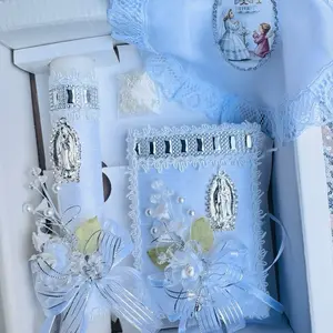 First Communion Candle Set with 8”Candle, Rosary, New Testament & Decorative Elements in Box for Boys and Girls English & Spanish