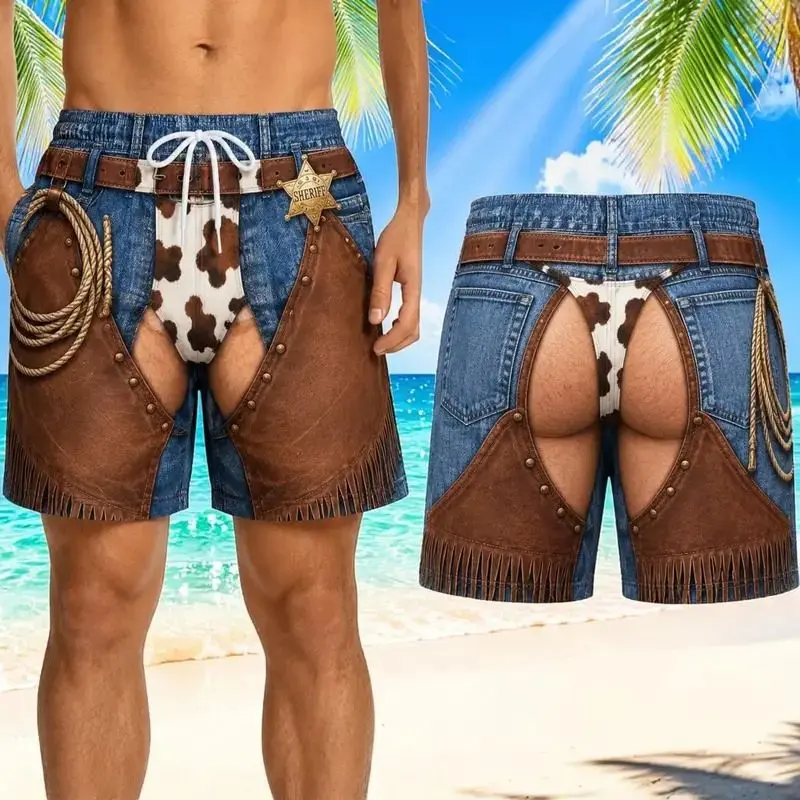 Funny Cowboy Swim Trunks, 3D Western Rodeo Denim Beach Shorts with Mesh Lining, Faux Layered Cow Print, Novelty Pool Party Gift for Men