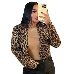 Sequin Leopard Animal Print Cropped Blazer - Single Button Women's Fashion Jacket with Sequined Detailing