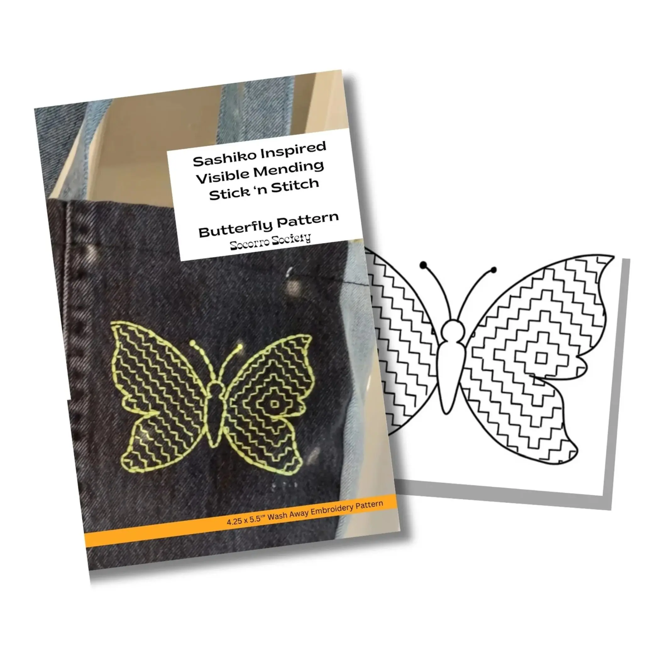 Socorro Society Sashiko Butterfly Visible Mending Stick-and-Stitch Embroidery Pattern Sewing