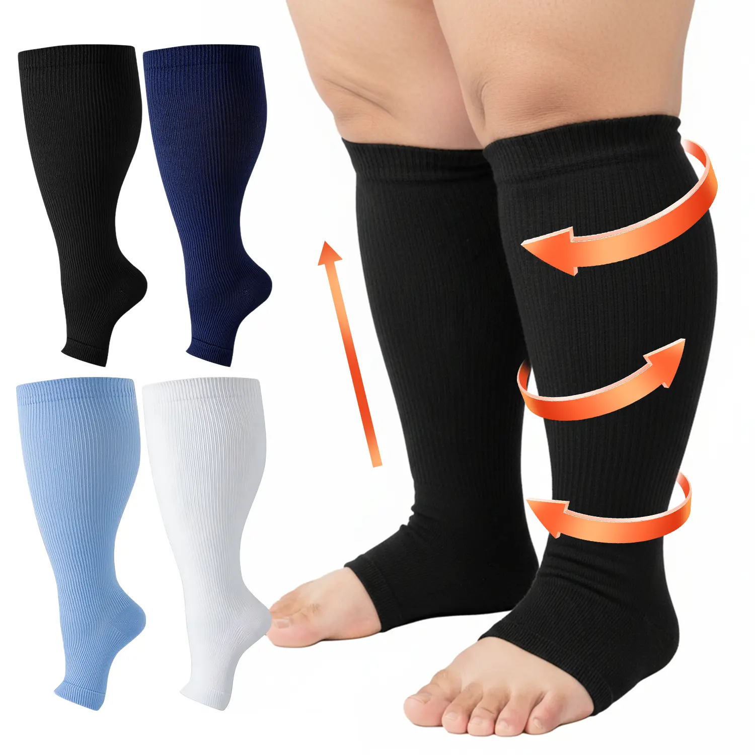 Plus Size Compression Socks for Men & Women,1 Pair Wide Calf Open Toe Knee High Support Socks for Swelling Relief, Leg Fatigue, Breathable Comfort for Work & Daily Wear