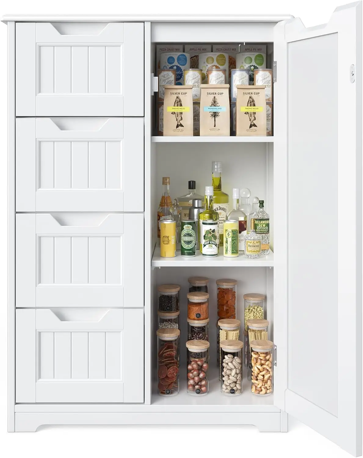 Gizoon 33'' Freestanding Wooden Pantry - White Painted Modern Kitchen Storage Unit with Door, Shelves & 4 Drawers, Freestanding Tall Cupboard, Indoor Floor Cabinet for Kitchen, Dining Room, Modern Kitchen Cabinets, Freestanding Tall Cupboards