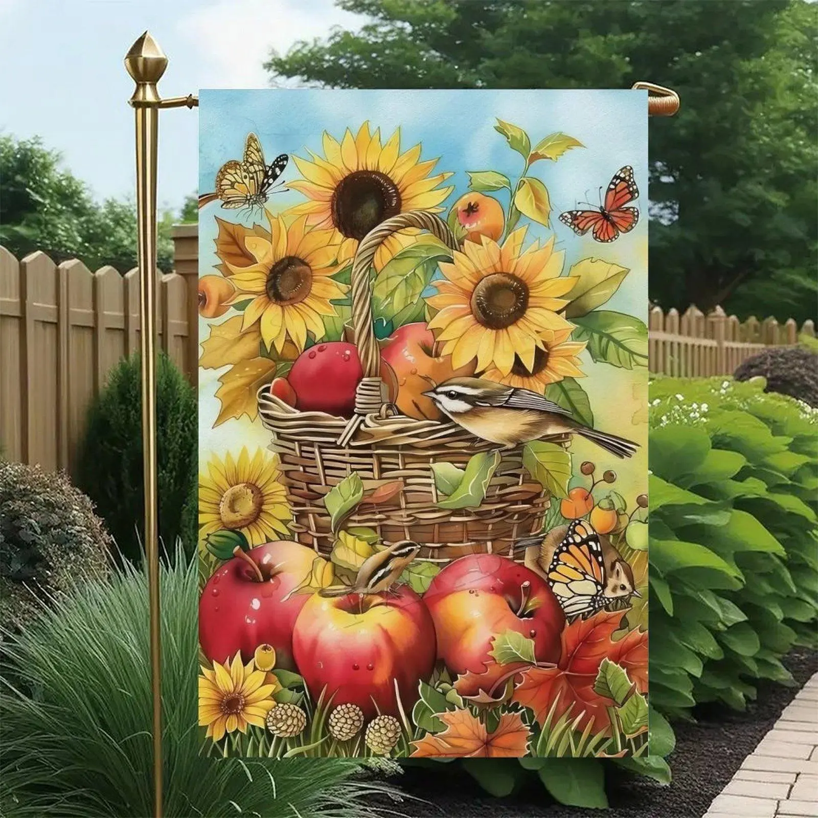 Fall Harvest Sunflower Apple Basket Bird Butterfly Autumn Garden Flag, Double Sided, 12 x 18 Inch, Vintage Farm Floral Outdoor Yard Decor Flag