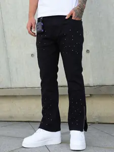 Men's Splatter Painted Skinny Jeans, High Street Hip-Hop Zipper Hem Long Pants, All-Season Street Casual Denim Trousers
