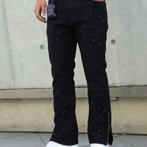 Men's Splatter Slim Fit Stretch Micro Flare Jeans, Zipper Fly Fashion High Street Hip Hop Style, All Season Streetwear Denim Jeans