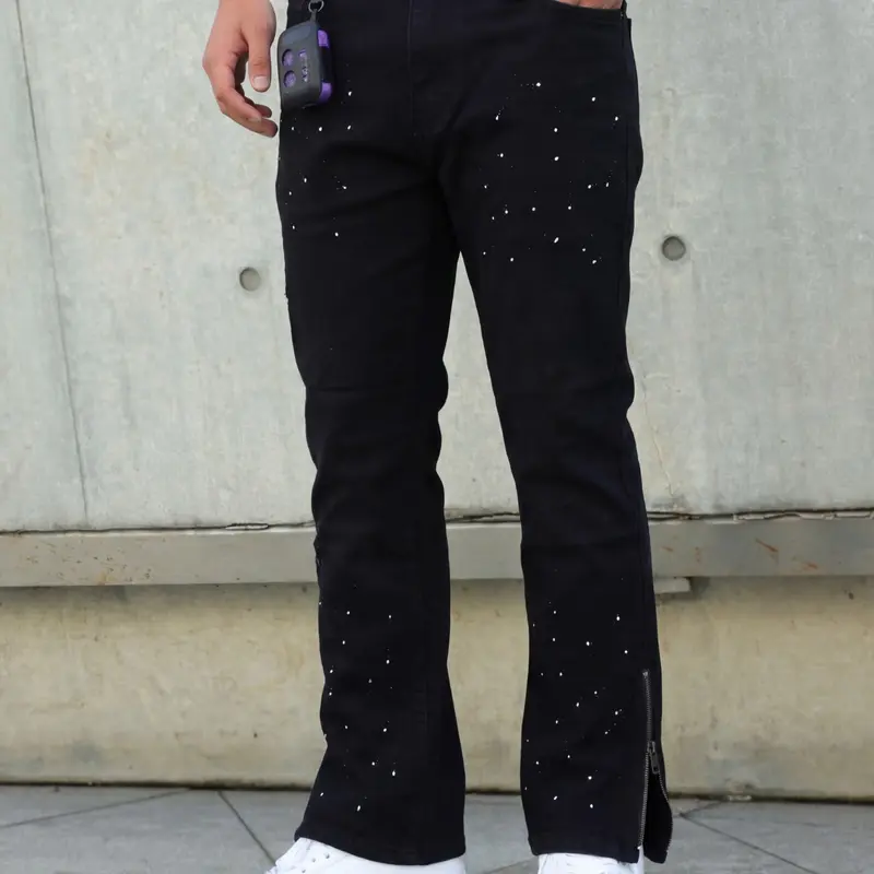 Men's Splatter Slim Fit Stretch Micro Flare Jeans, Zipper Fly Fashion High Street Hip Hop Style, All Season Streetwear Denim Jeans