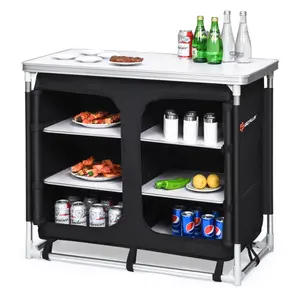 (Using high-quality and premium materials)Kids Picnic Table Set with Sandbox and Kitchen ToysBlack Camping Kitchen Table with Storage Shelves
