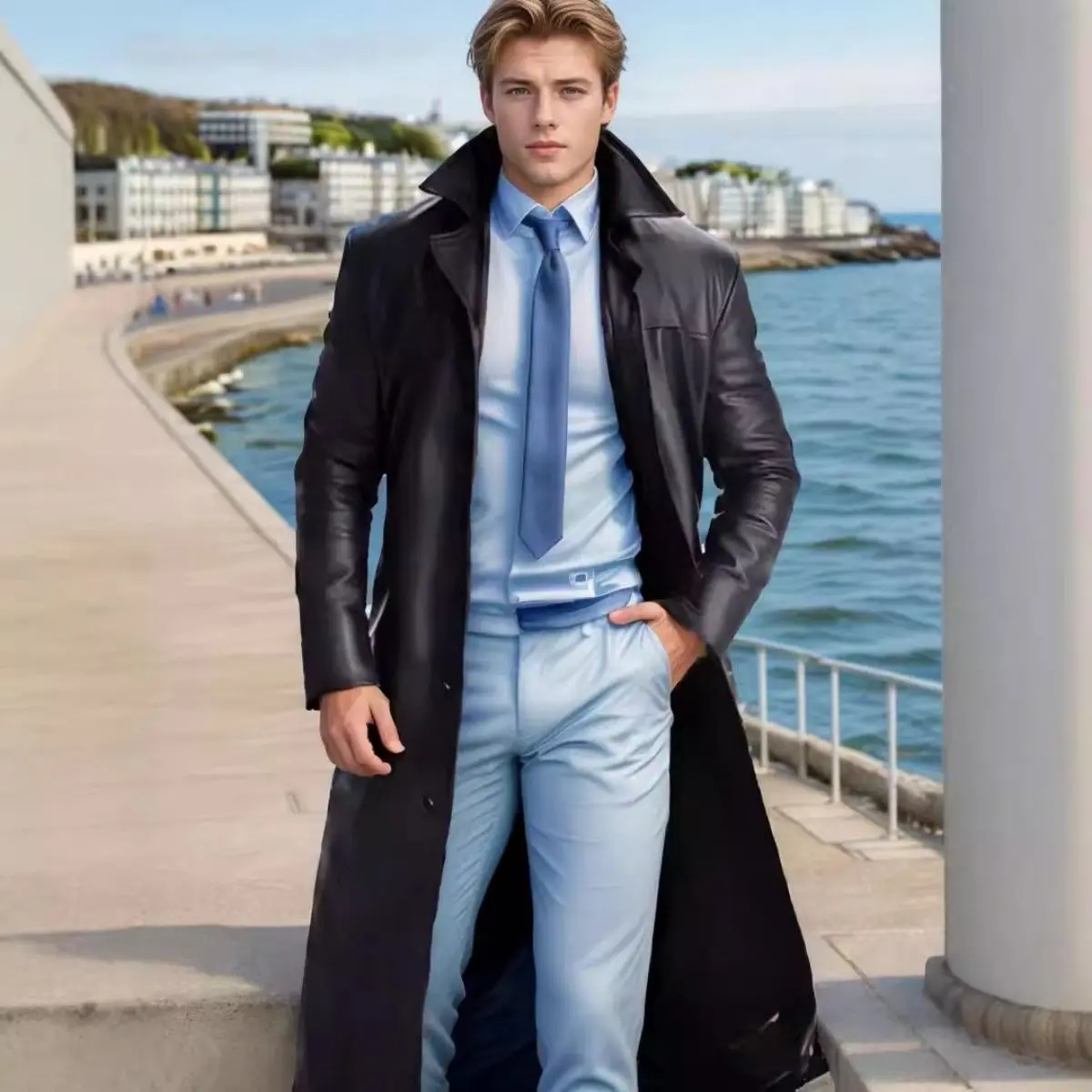 Men's Single-Breasted Faux Leather Trench Coat - Straight Hem, Plain Fashion Over-Knee Casual Outerwear for Spring, Jackets in Dark Brown, Silver, Wine Red & Sizes Up to 4XL Menswear, Long Sleeve