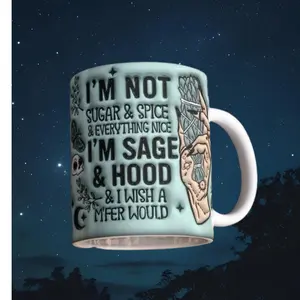 3D I'm Not Sugar and Spice I'm Sage Mug 11oz & 15oz, 3D Puffy Peace Funny Witch Mug, Sarcastic Witch Cup, Puff Witchy Stuff Mug, Coffee Lover Gift, Halloween mug, Spooky season Cup, Skull cup - wic10145 Ceramic Drinkware