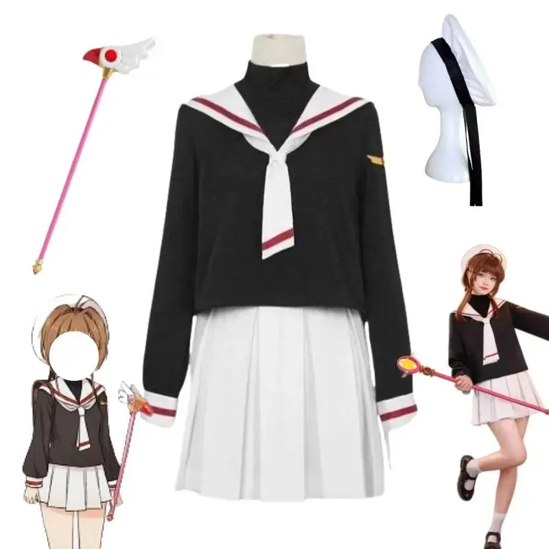 Anime Kinomoto Sakura Cosplay Costume Jk School Uniform Skirt Sailor Birds Head Magic Wand Staff Suit Women Role Play Outfits
