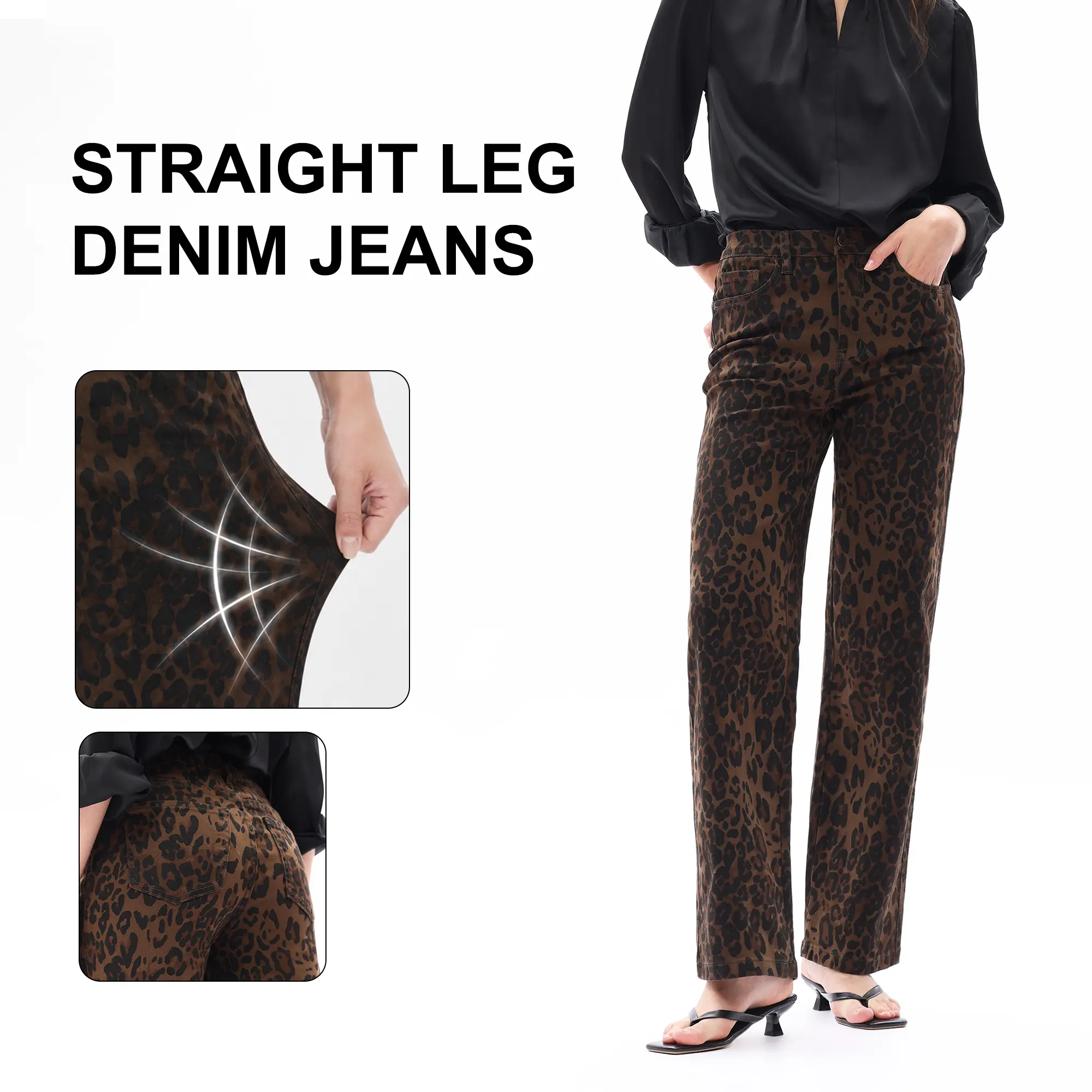 Rena ONESO Women High Rise Relaxed Straight BBL Jeans High Stretchy Leopard Print Pants Comfortable Fabric Womeswear Bottoms Pants OST5028  #SummerVibes