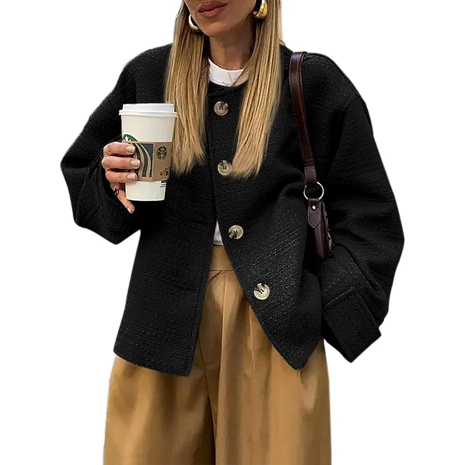 Women's Tweed Cropped Blazer - Longsleeves, Business-Casual, Button-Down, Pockets, Fall Wear