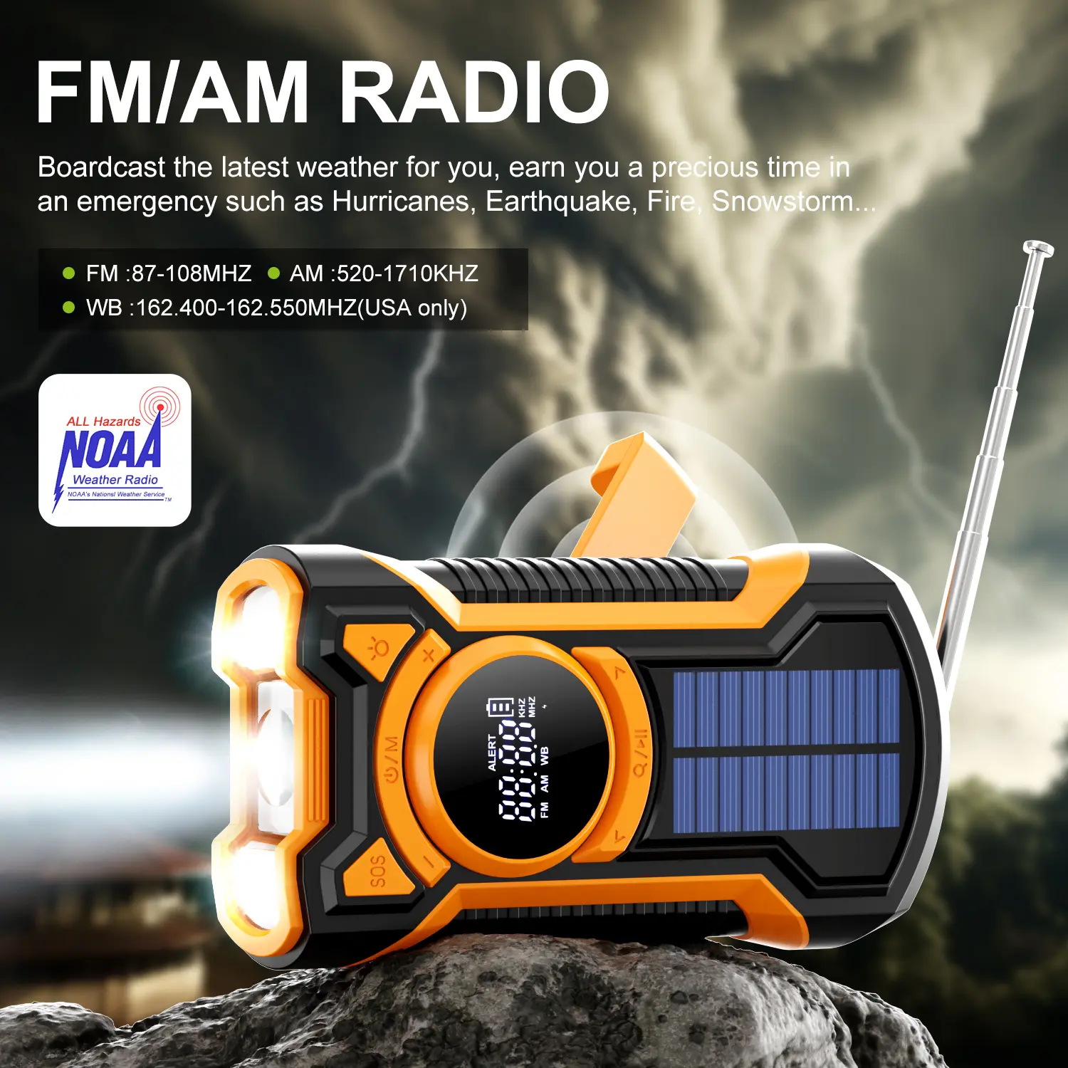 Weather Radio Solar Hand Crank Emergency Kit, AM/FM/NOAA Portable Emergency preparedness with Flashlight, Reading Lamp, Cell Phone Charger and SOS Alarm…… (Red) cable hand crank charger