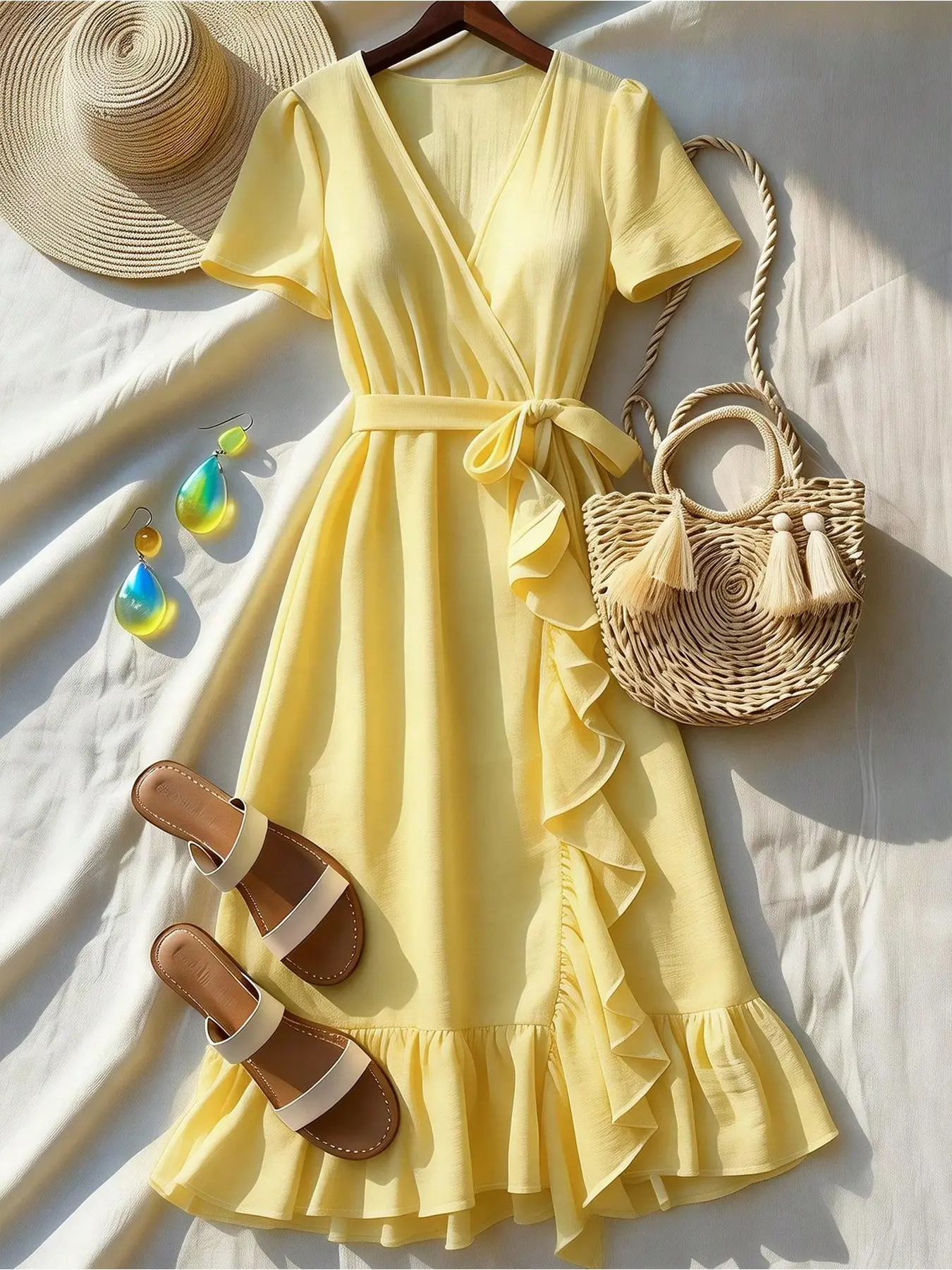 Wrap V-Neck Short Sleeve Midi Dress Women, Feminine Summer Ruffle Tie Design, Slim Fit, Casual Wear, Perfect for Vacation, Beach, Brunch, Picnic, Daily Wear, Office, Boho Beach Sundress