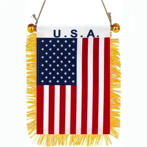American Flag Car Banner, Mini USA Pennant with Gold Tassels