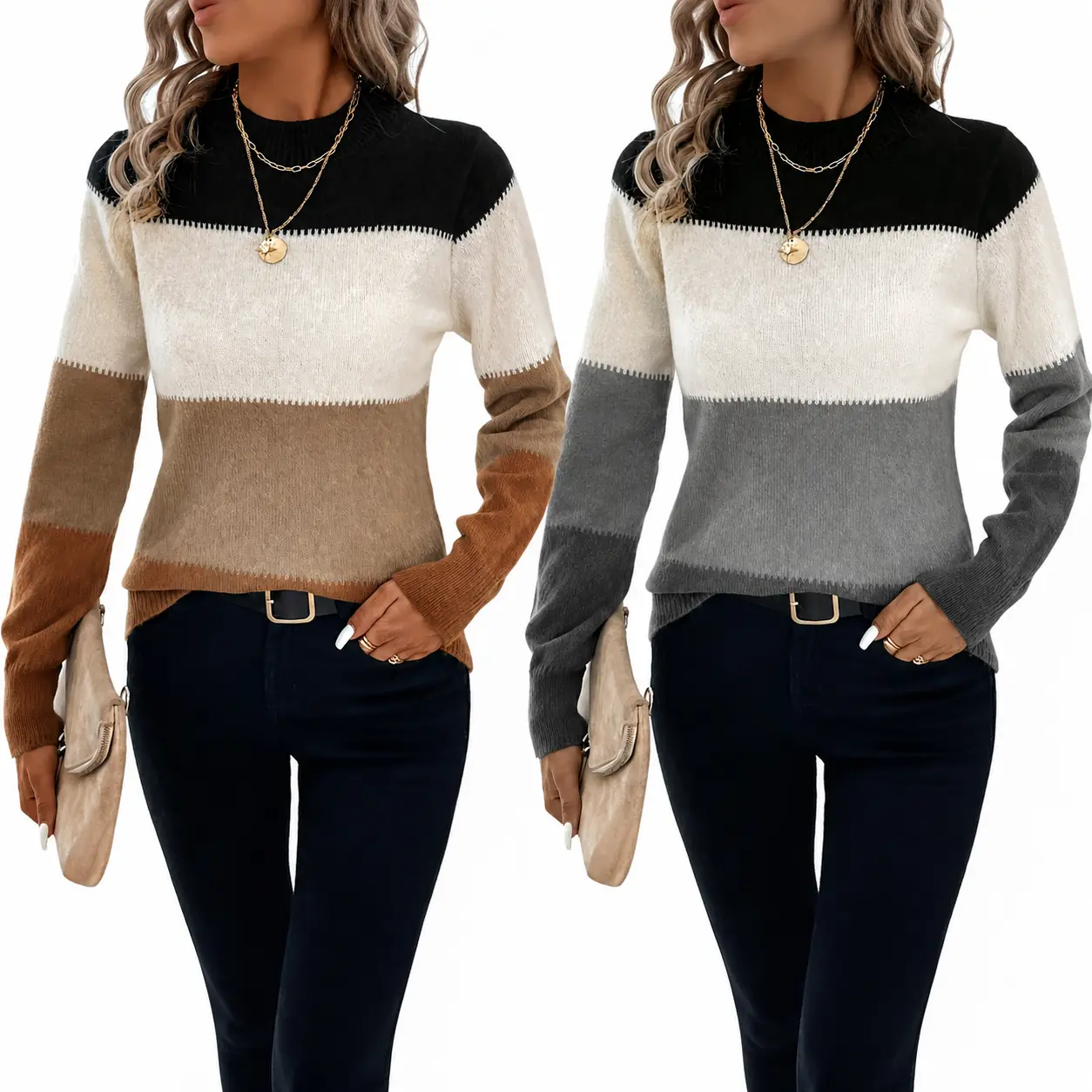 Women’s Color Block Mock Neck Sweater, Long Sleeve Soft Knit Pullover, Casual Fall Winter Warm Top