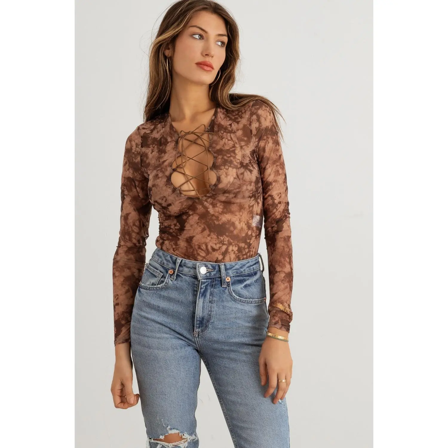 Abstract Mesh Lace-Up Long Sleeve Bodysuit Fabric Spandex Polyester Adjustable Womenswear