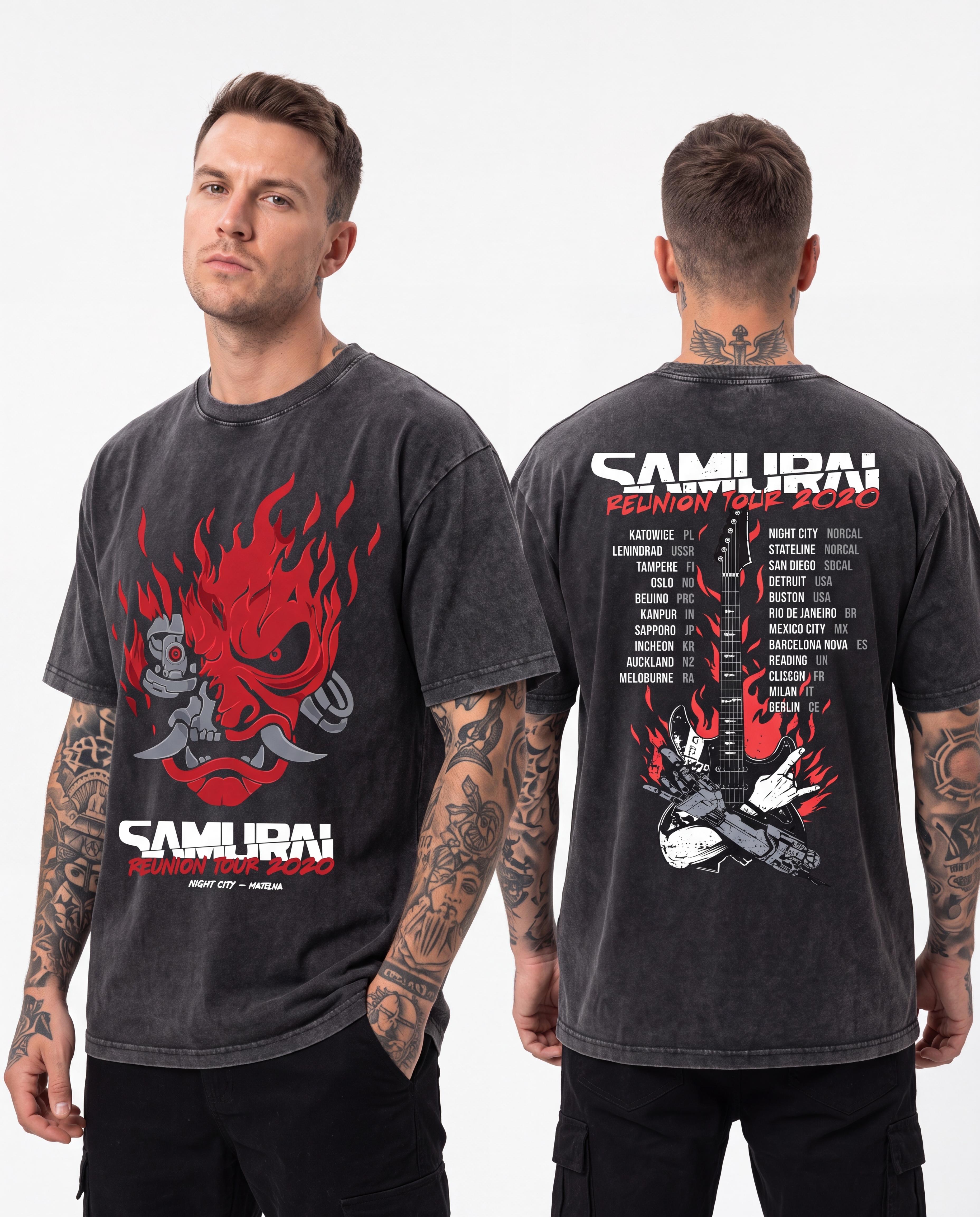 [BT] Unisex Cyberpunk Samurai Reunion Tour 2020 Vintage Washed Double-Sided Oversized Rock Band Short-Sleeve Round-Neck Top, Retro Futuristic Metal Streetwear, Video Game Graphic Tee, Ideal Fan Gift, Cold Wash, Medium Length Casual T-Shirt