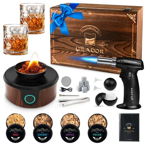 Electric Whiskey Smoker Gift Set - Classic Old Fashioned Bourbon Cocktail Tool, Kitchen & Bar Utensils, Torch, Luxurious Wooden Box, 4 Wood Chip Mix, Ice Ball Trays, Recipe, Stones (No Butane) - Mens Gifts, Incl. Accessories