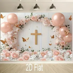 1pc Polyester 2D Flat Wall Decor Banner - Elegant Blush Pink Balloons, Roses, Golden Butterflies Baptism Background, Ideal for Party Baptismal Celebrations, Cake Table Decor