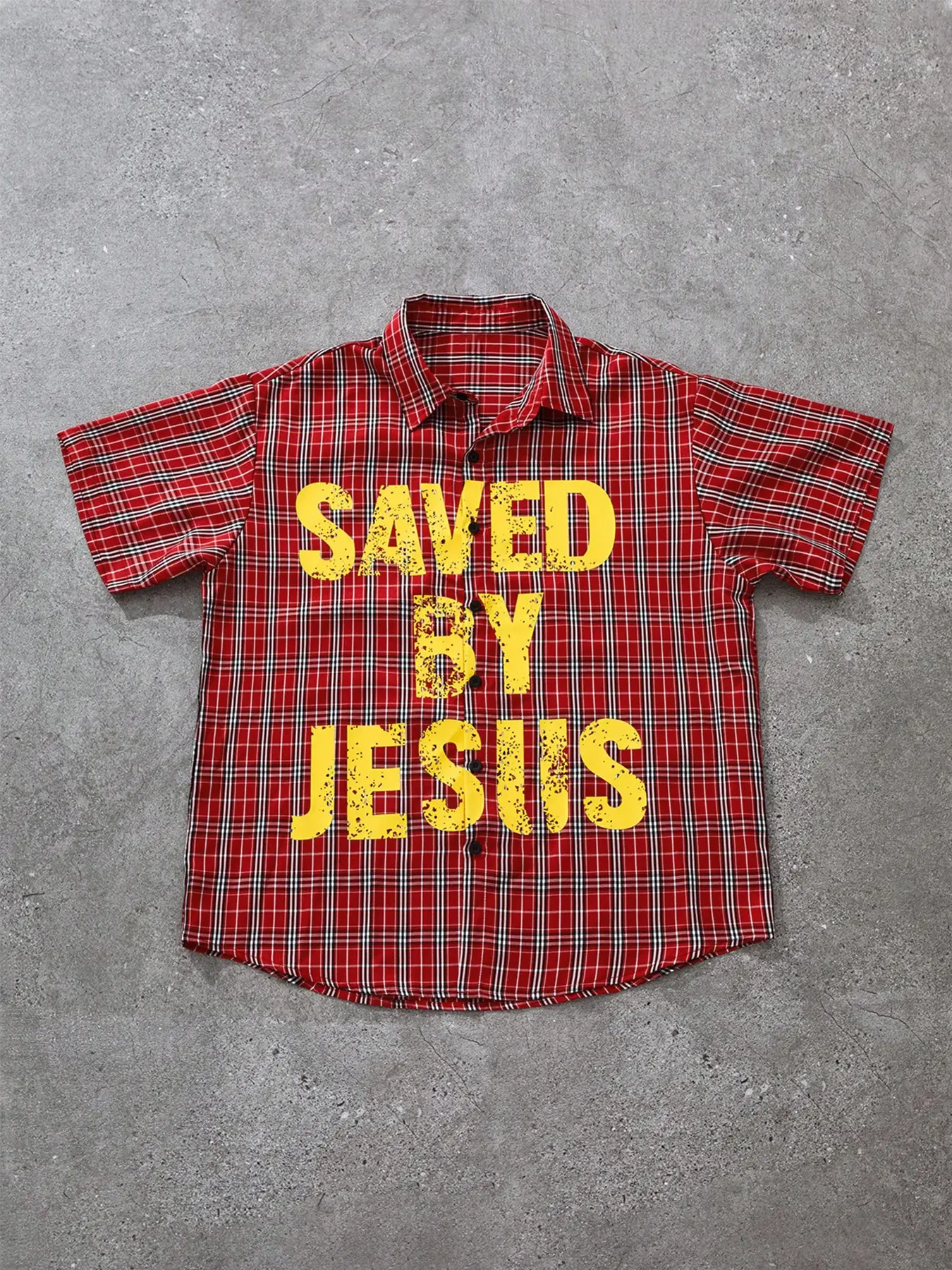Men's Jesus Letter Print Short Sleeve Checked Plaid Shirt, Casual Collared Shirt, Casual Checkered Shirt, Casual Fitted Style, Classic, Trendy Fashion, Streetwear, All Seasons